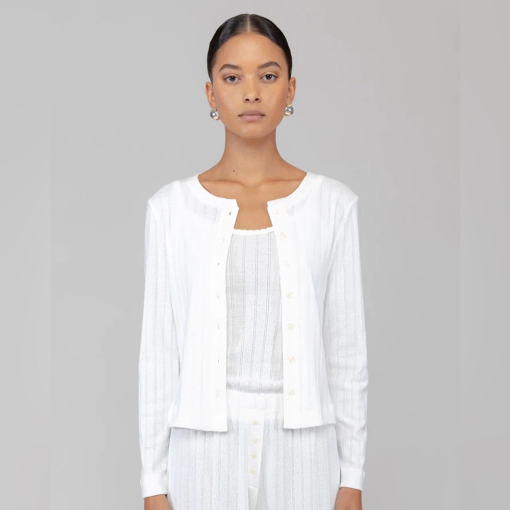 Leset Classic Crew Pointelle Cardigan - White - XL - Extra Large